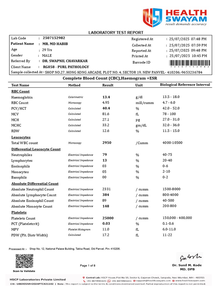 Complete Blood Test Report for MR. MD HABIB | PDF | White Blood Cell ...