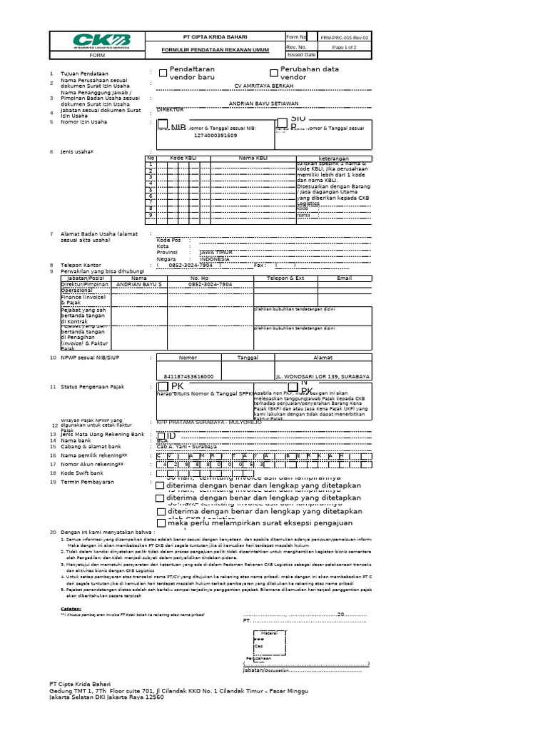 Formulir Pendataan Rekanan CKB | PDF