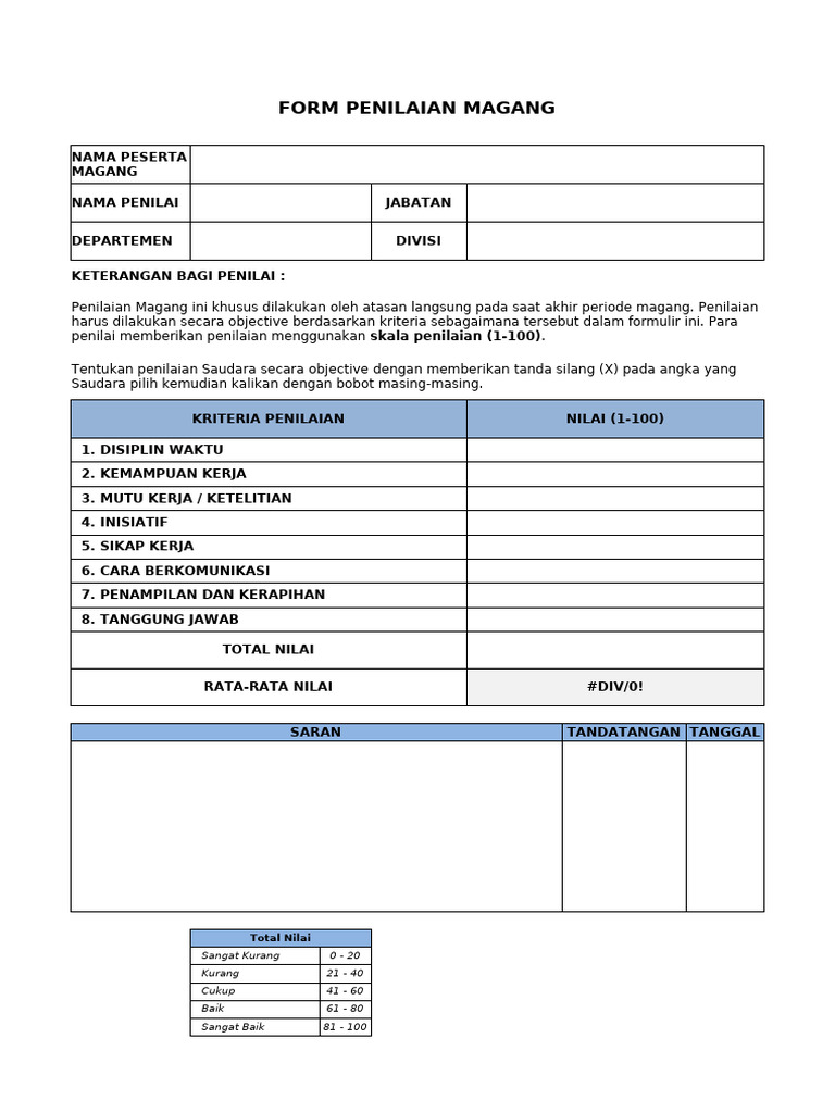 Formulir Penilaian Magang Mahasiswa | PDF