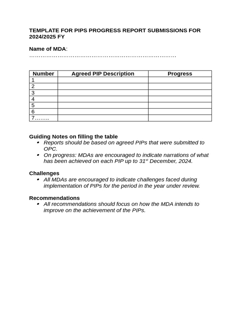 2024/2025 PIPS Progress Report Template | PDF