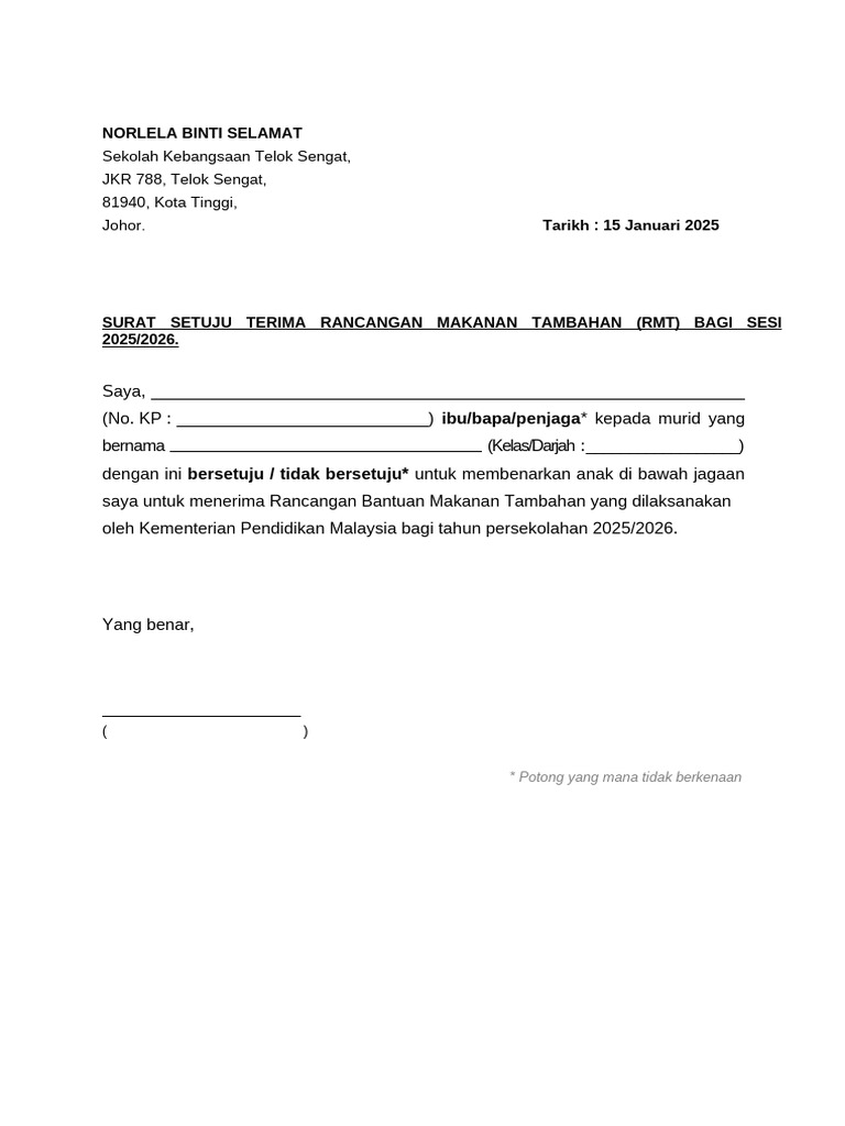 Borang A2 Surat Setuju Terima RMT | PDF