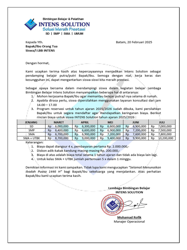 Informasi Pendaftaran LBB Intens 2025/2026 | PDF