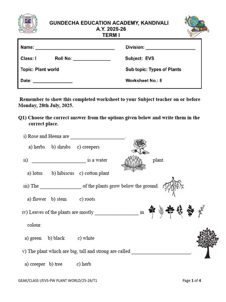 Class 1 EVS Plant Worksheet | PDF | Plants | Shrub