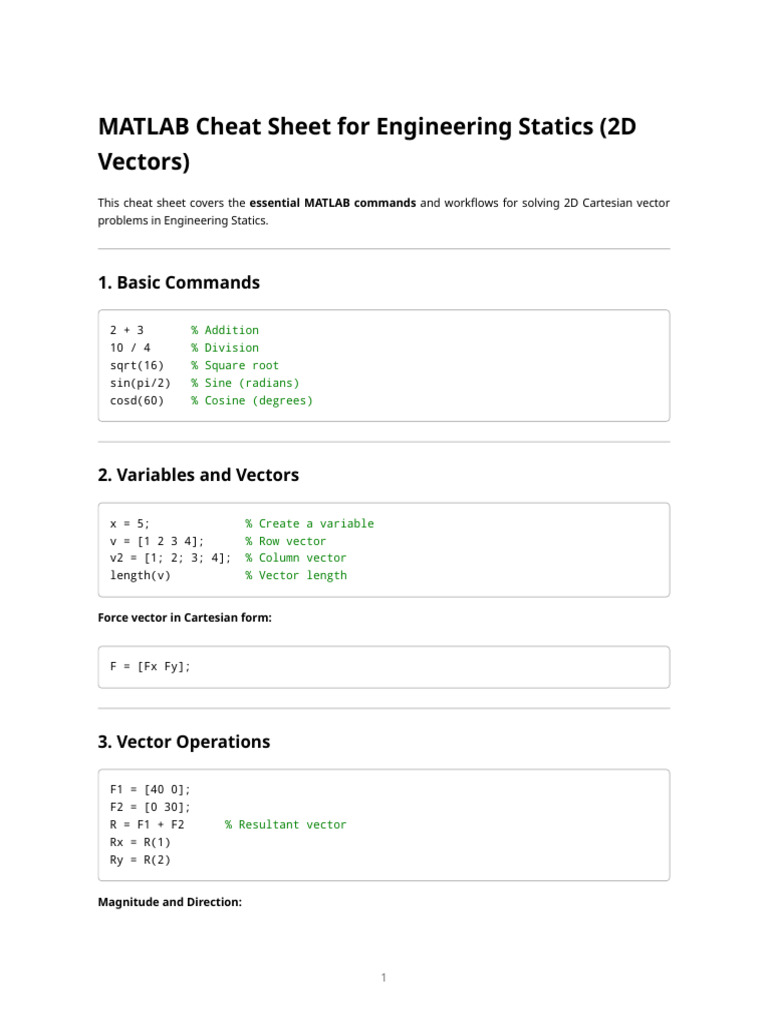 MATLAB Statics Cheat Sheet for 2D Vectors | PDF