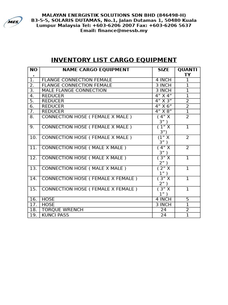Cargo Equipment Inventory List | PDF