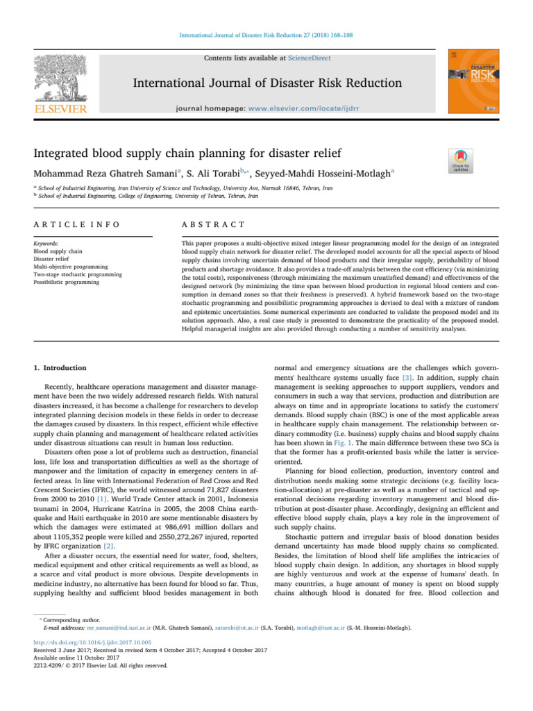 Integrated Blood Supply Chain for Disasters | PDF | Mathematical ...