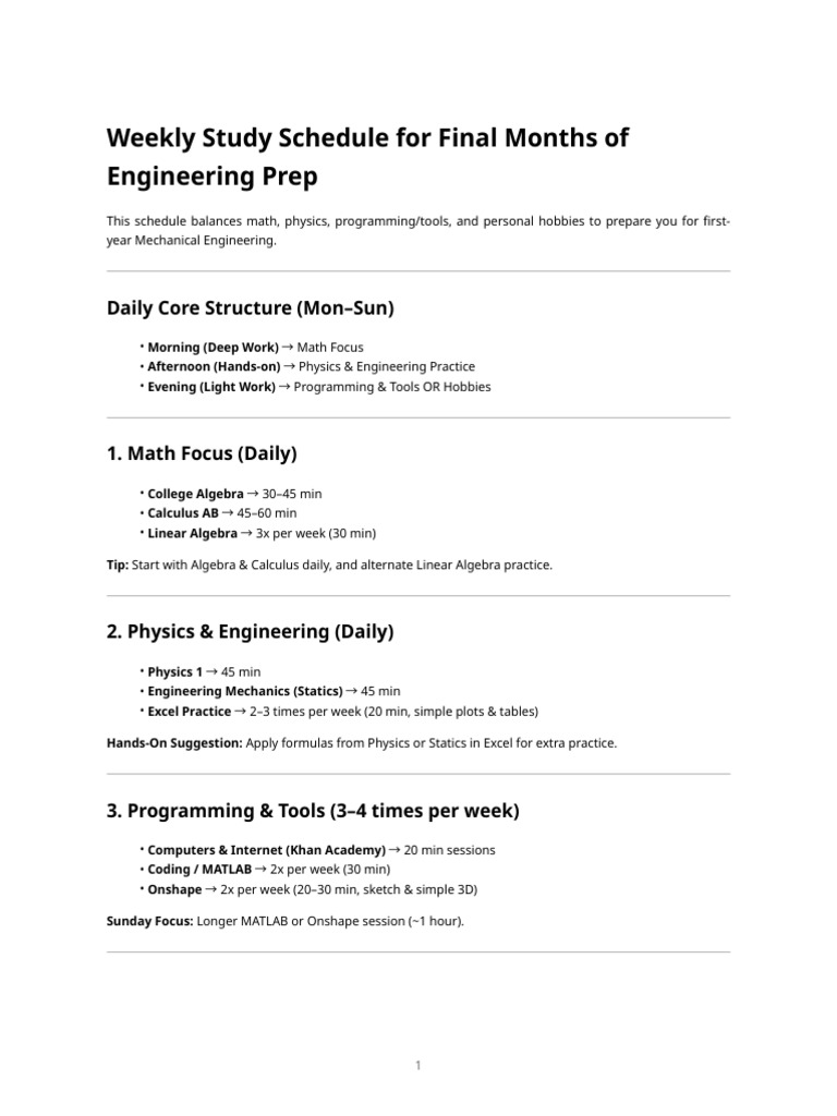 Engineering Study Schedule Guide | PDF