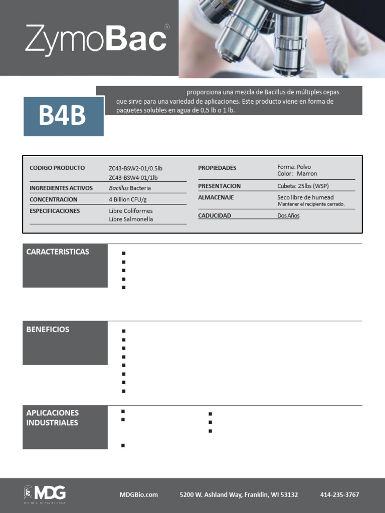 ZYMOBAC B4B Bacillus Para Tratamientos PDF Aguas Residuales