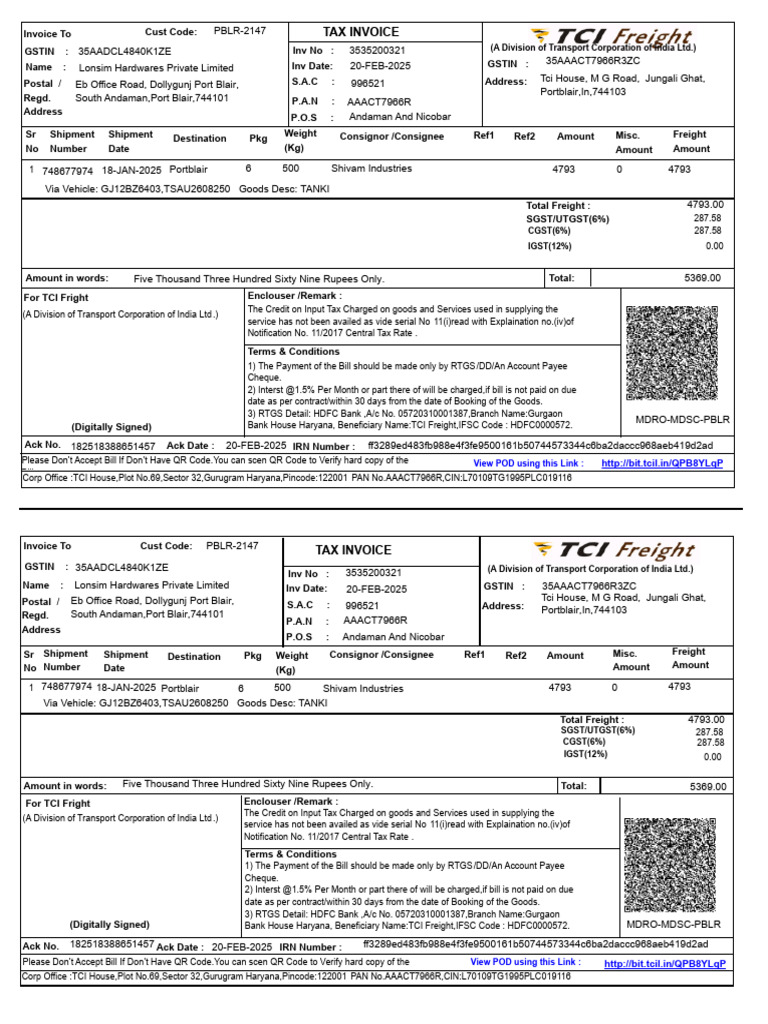 TCI Freight Invoice for Shipment 748677974 | PDF | Cheque | Payments