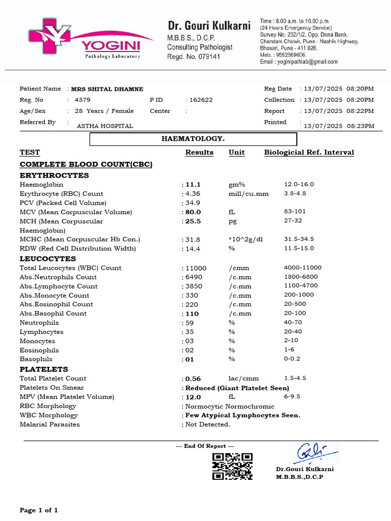Complete Blood Count Report for Patient | PDF | White Blood Cell ...