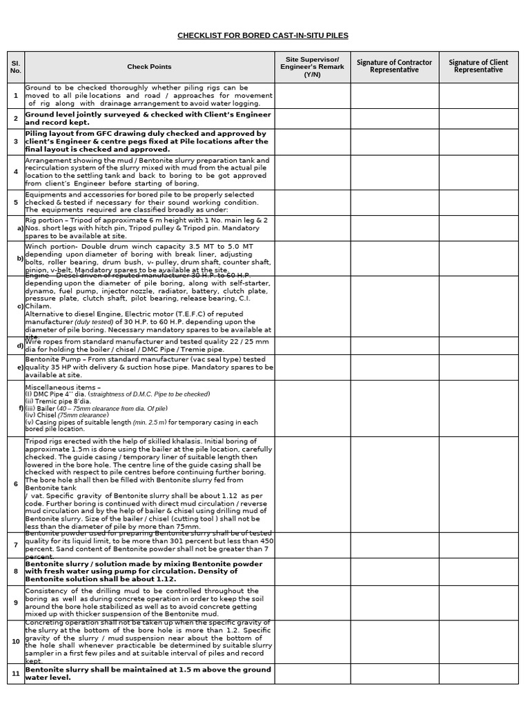 Bored Cast-in-Situ Piles Checklist | PDF | Concrete | Pipe (Fluid ...