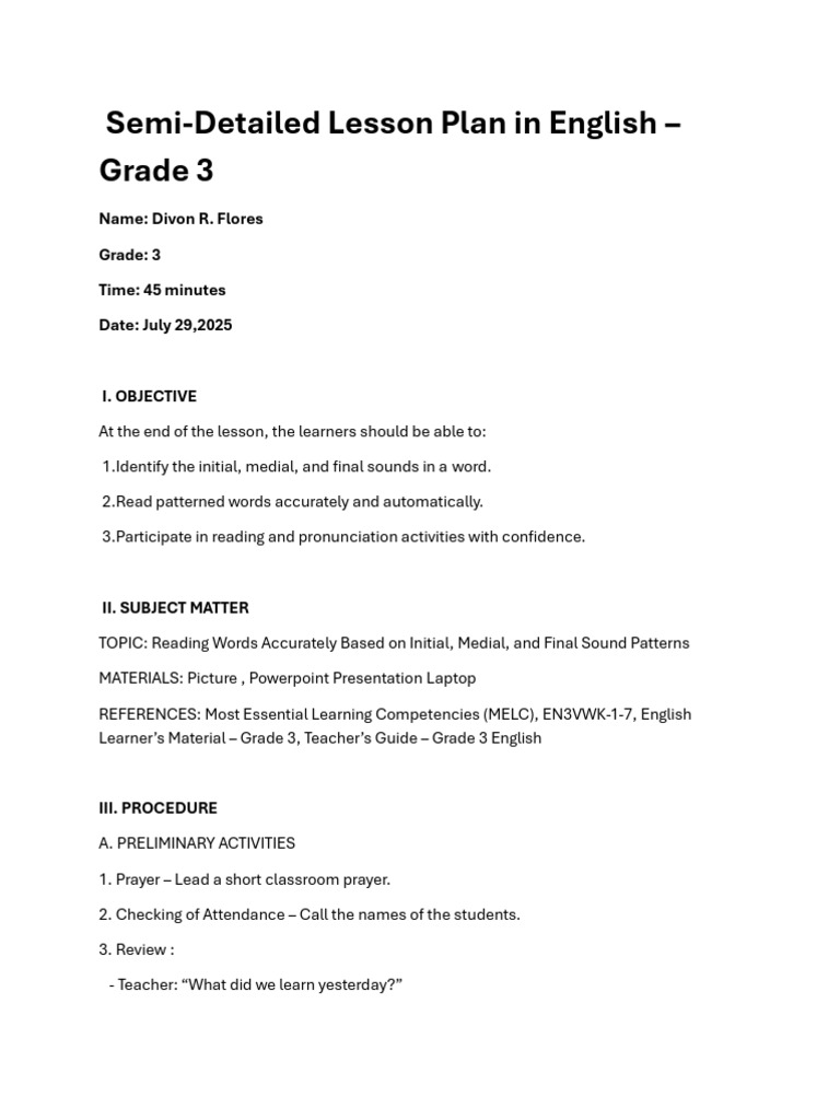 Grade 3 English Lesson Plan: Sound Patterns | PDF | English Language ...