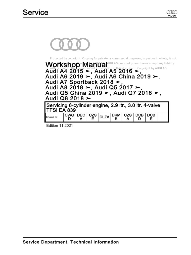 Audi 6-Cylinder Engine Service Manual | PDF | High Voltage | Mechanical ...