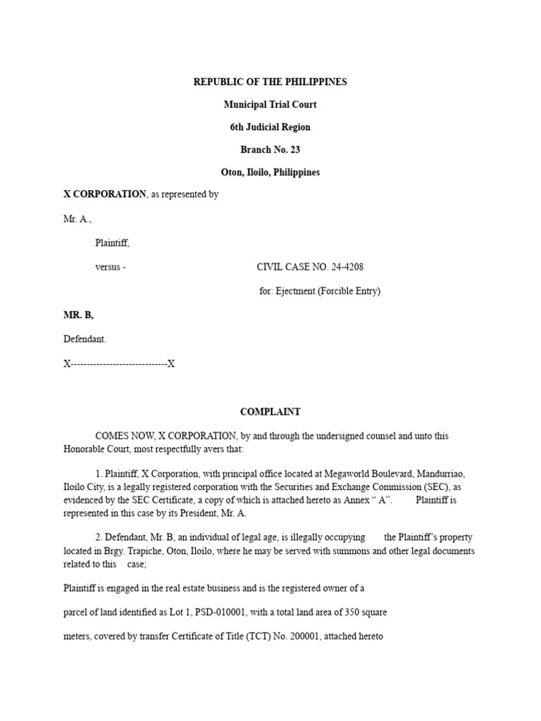 Ejectment Case: X Corp vs. Mr. B | PDF | Property | Complaint