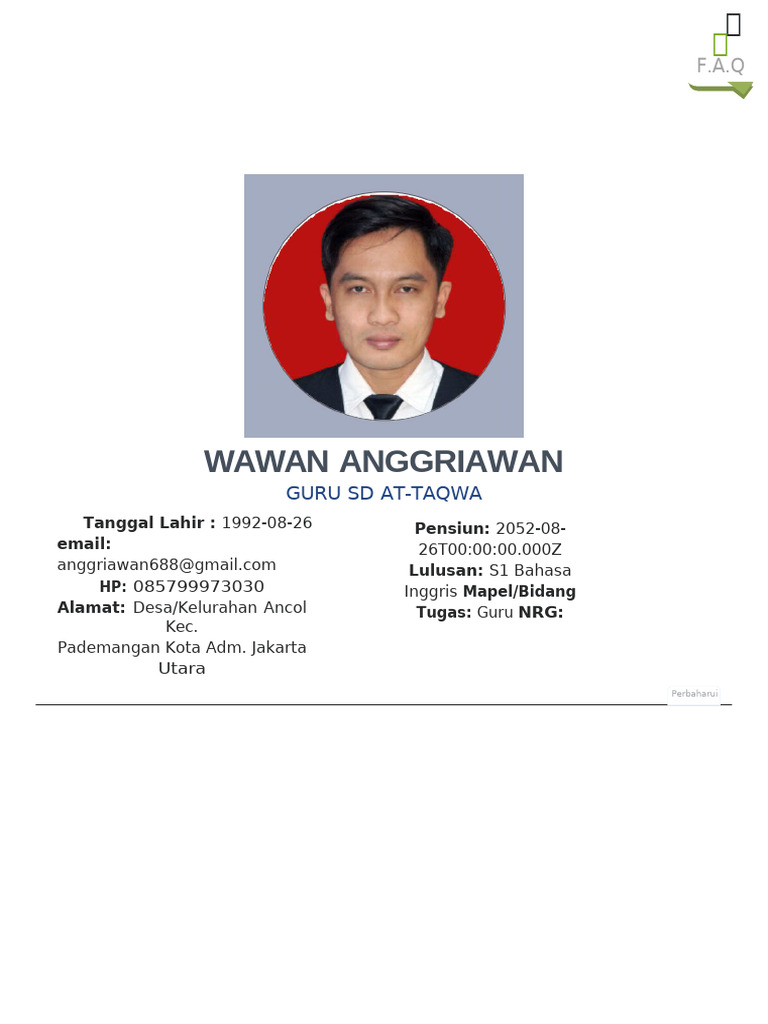 Data Guru Wawan Anggriawan SD At-Taqwa | PDF