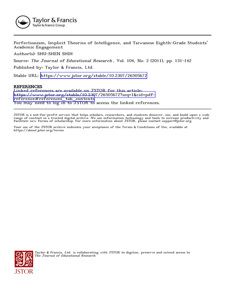 Perfectionism and Academic Engagement in Taiwan | PDF | Perfectionism ...