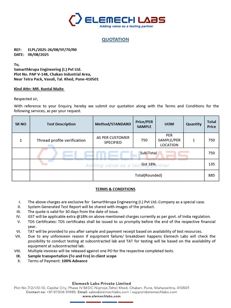 Quotation for Thread Profile Verification | PDF