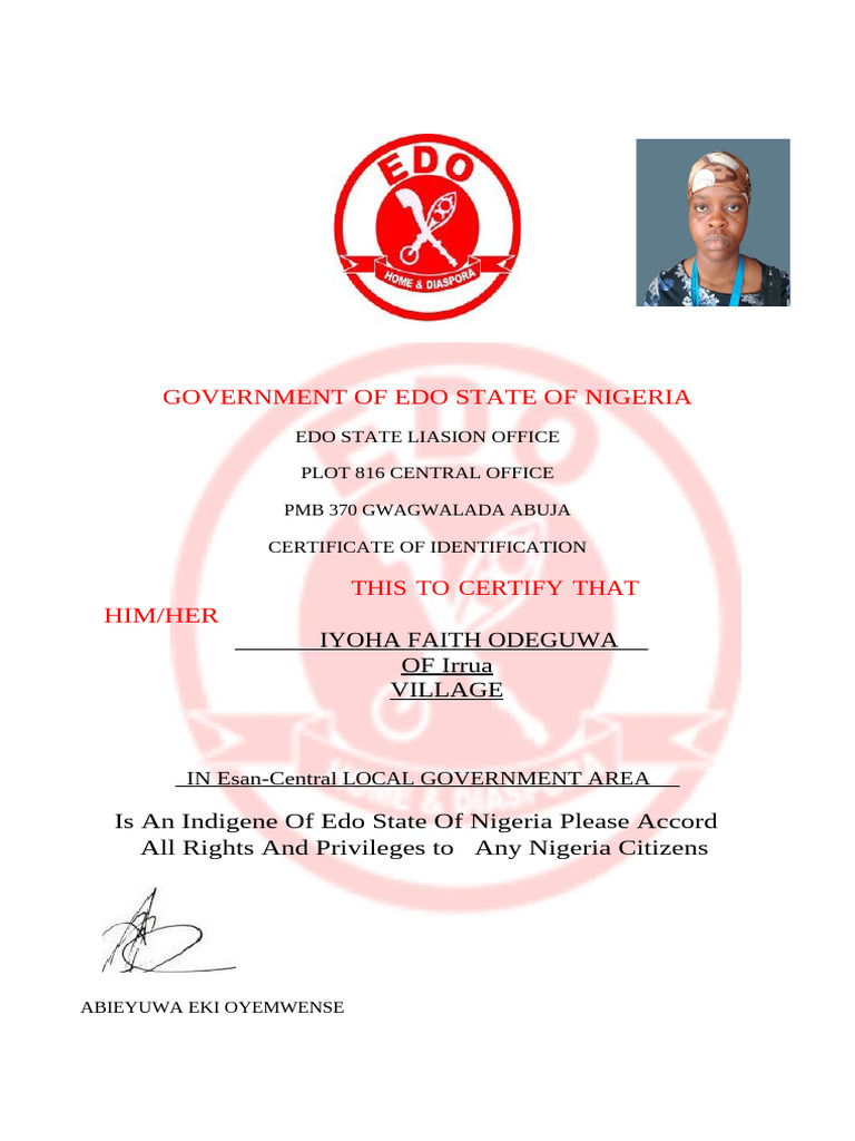 Edo State Indigene Certificate Sample | PDF