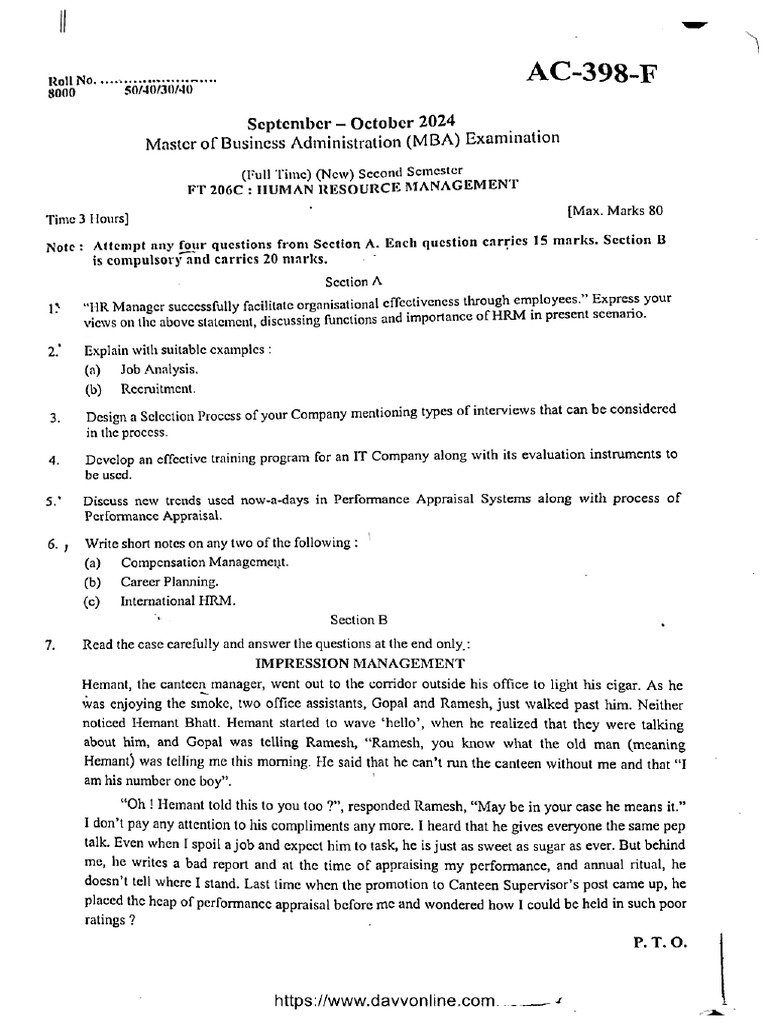 Mba 2 Sem Human Resource Management Ac 398 F Oct 2024 | PDF