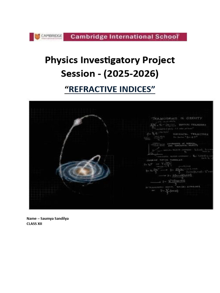 Refractive Indices Physics Project | PDF | Refractive Index | Refraction