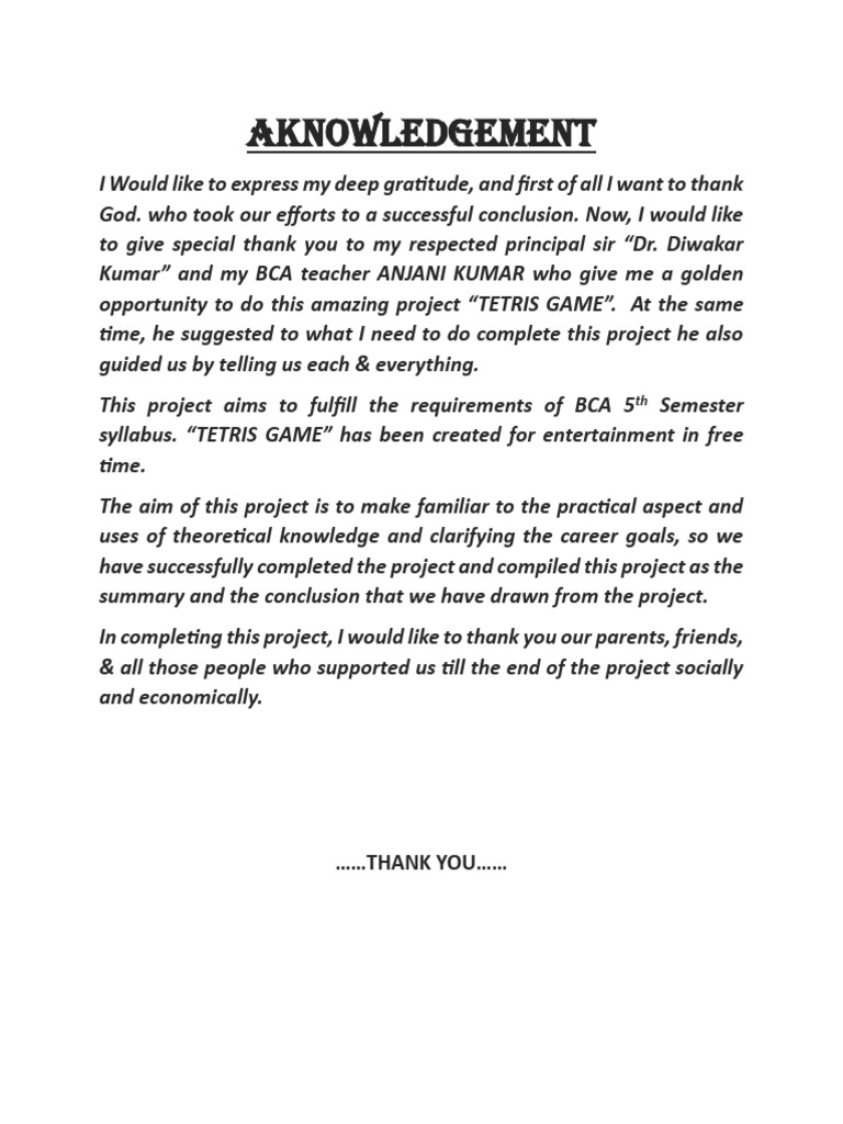 Acknowledgment for Tetris Game Project | PDF
