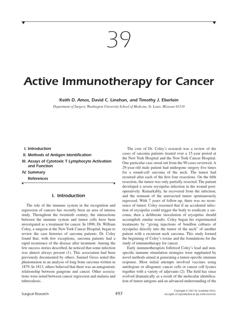 Coley's Toxins: Pioneering Cancer Immunotherapy | PDF | T Cell ...
