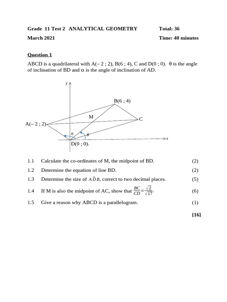 Grade 11 Analytical Geometry Test | PDF | Euclid | Geometry