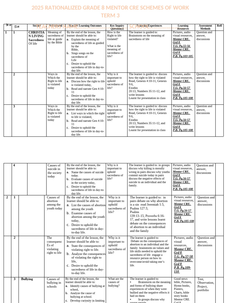 t3 Cre GR 8 Mentor C R e Schemes of Work Term 3 Rationalised | PDF