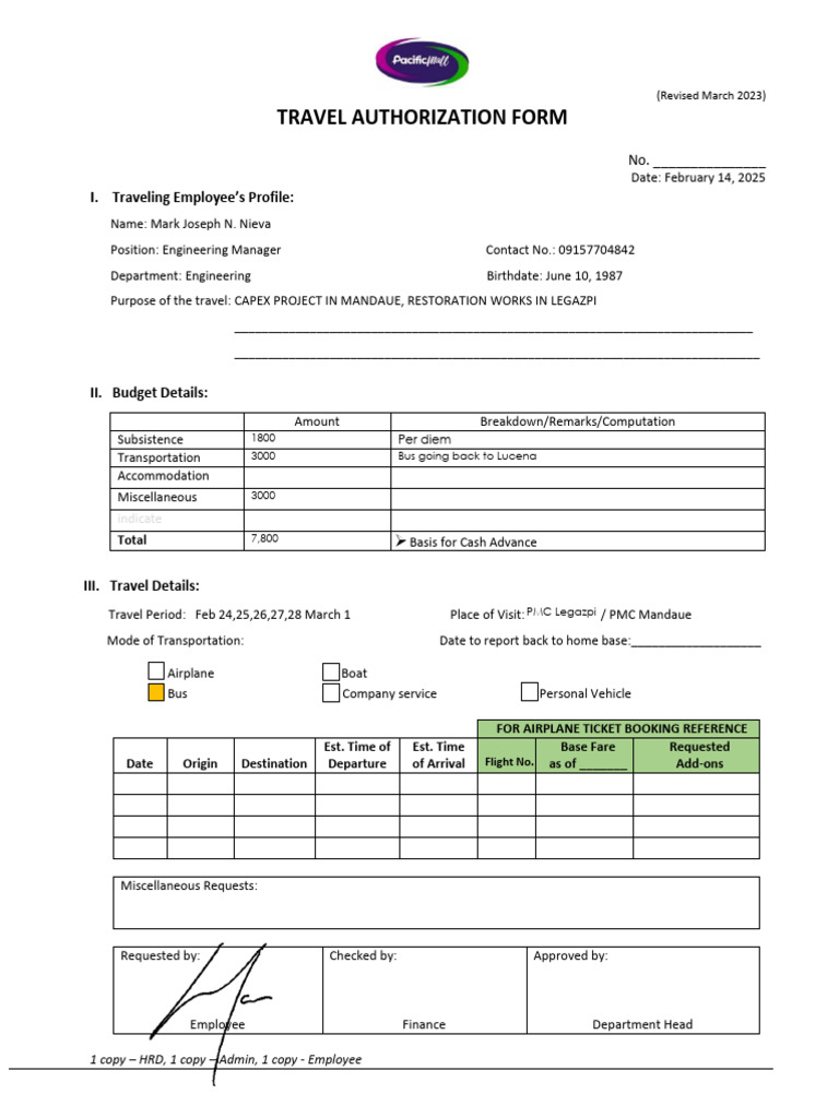 Travel Authorization Form for Employees | PDF