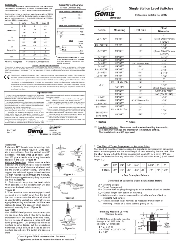 GEMS Level Switches Instruction Bulletin | PDF | Switch | Electricity