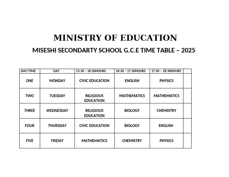 G.C.E Revised Time Table - 2025 | PDF