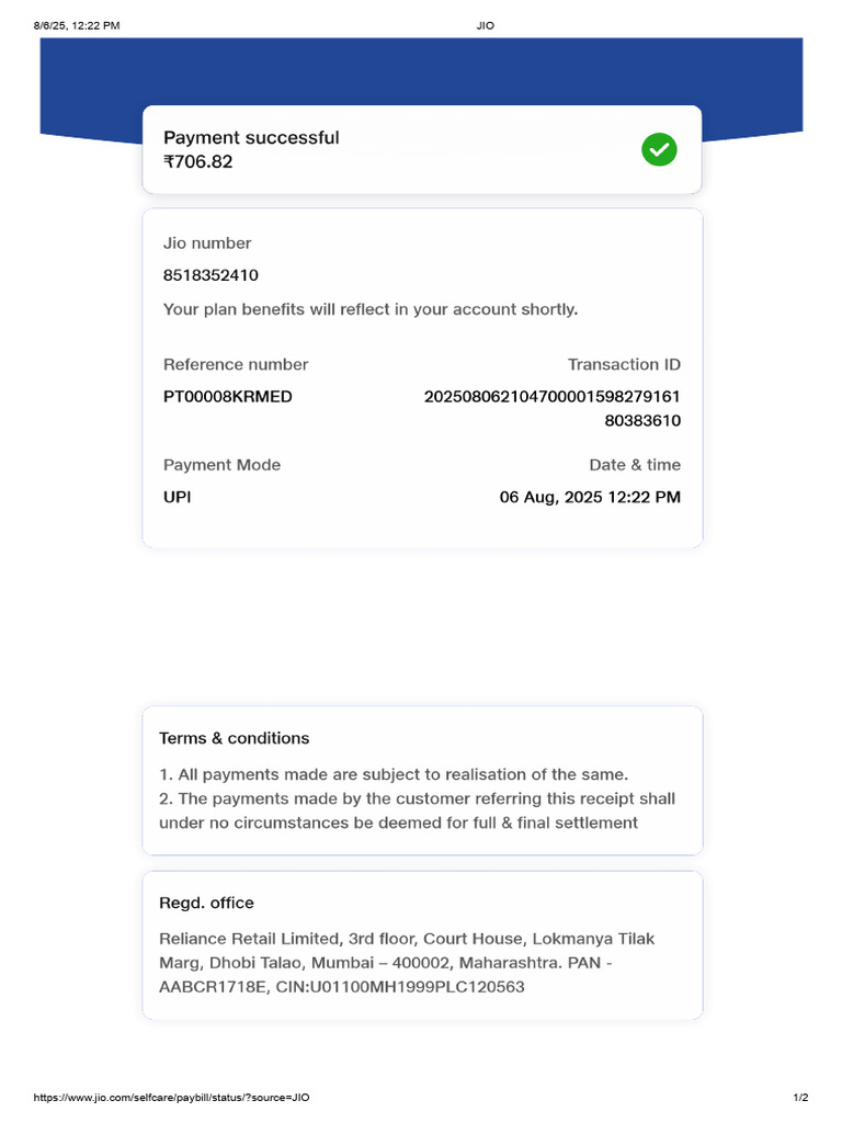 Jio Self-Care Bill Payment Status | PDF