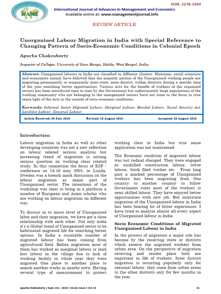 Unorganised Labour Migration in India | PDF | Labour Economics | Human ...