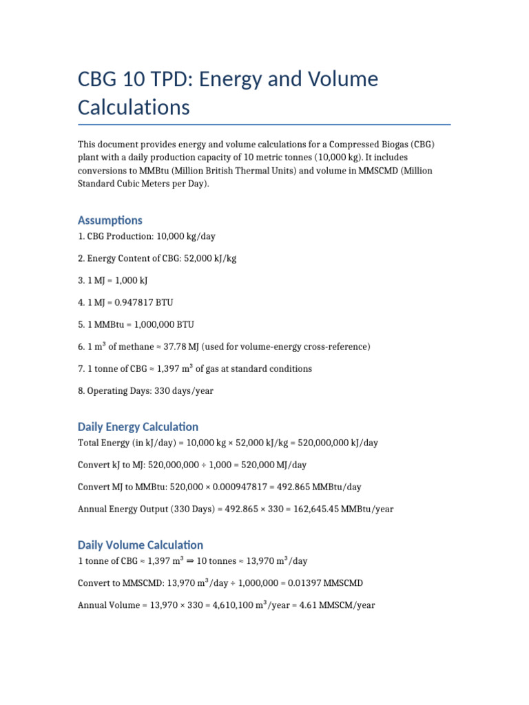 CBG Production and Energy Calculations | PDF