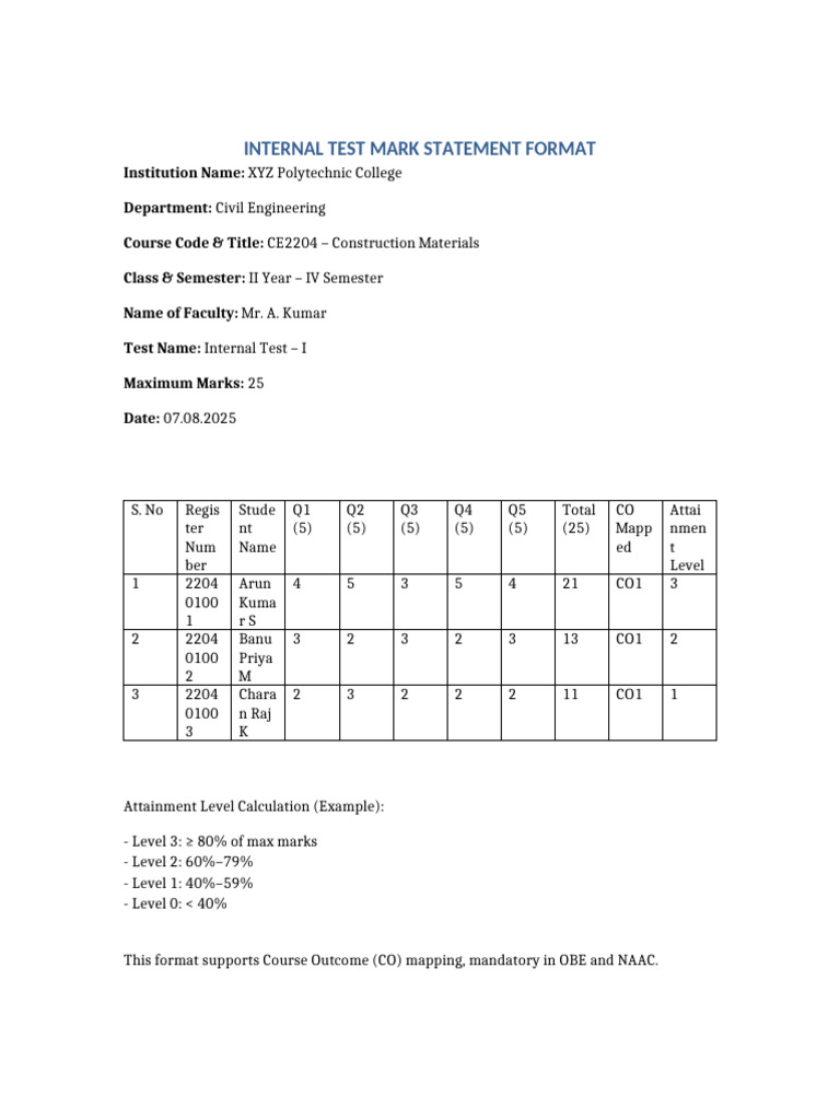Internal Marks Statement Format | PDF