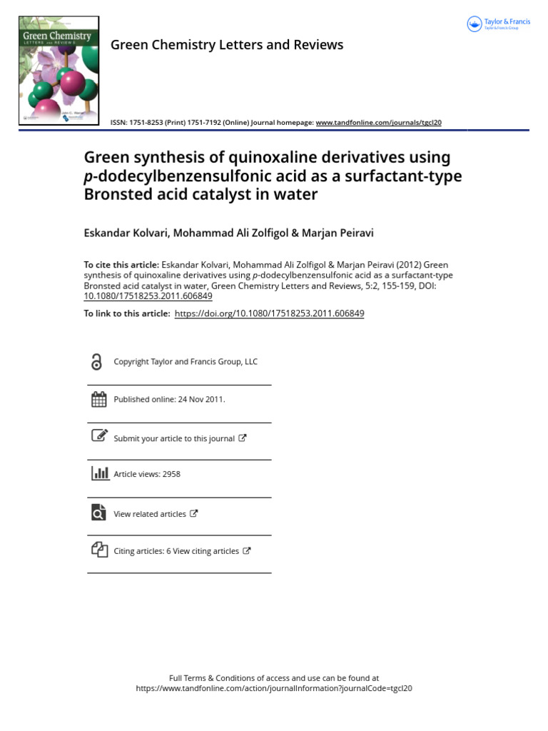 Green Synthesis of Quinoxaline Derivatives | PDF | Thin Layer ...
