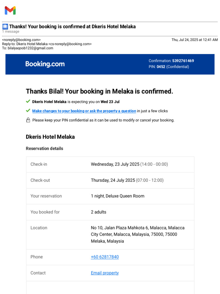 Dkeris Hotel Melaka Booking Confirmation | PDF | Booking.Com | Service ...
