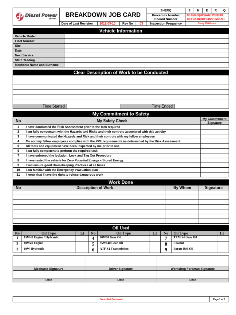 Mechanics Job Card Template