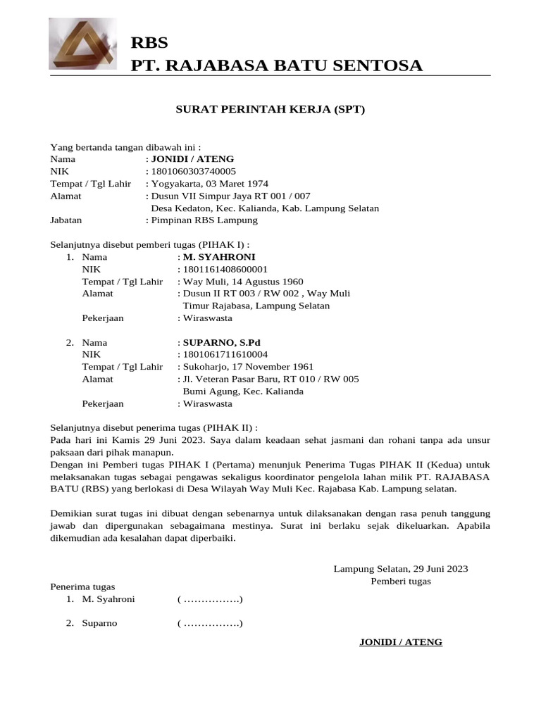 Surat Perintah Kerja PT RBS Lampung | PDF