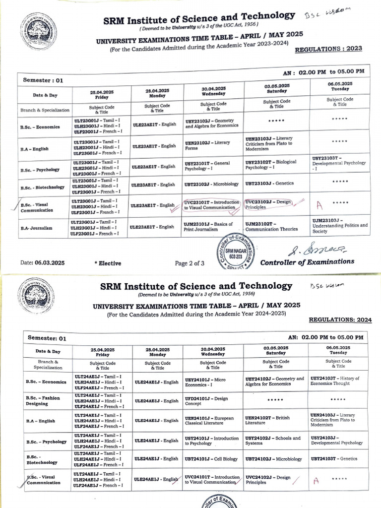 Semester Time Table April 2025 Pdf