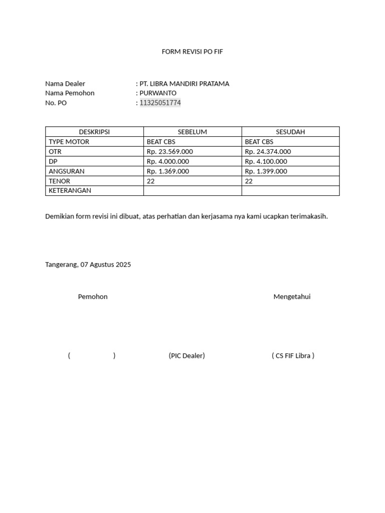 Form Revisi Po Fif | PDF