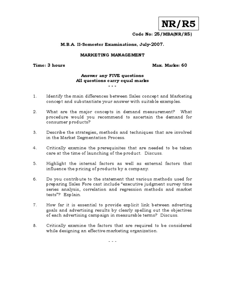 MBA Marketing Management Exam Questions | PDF