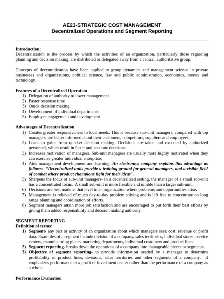 Decentralized Operations & Segment Reporting | PDF | Decentralization ...