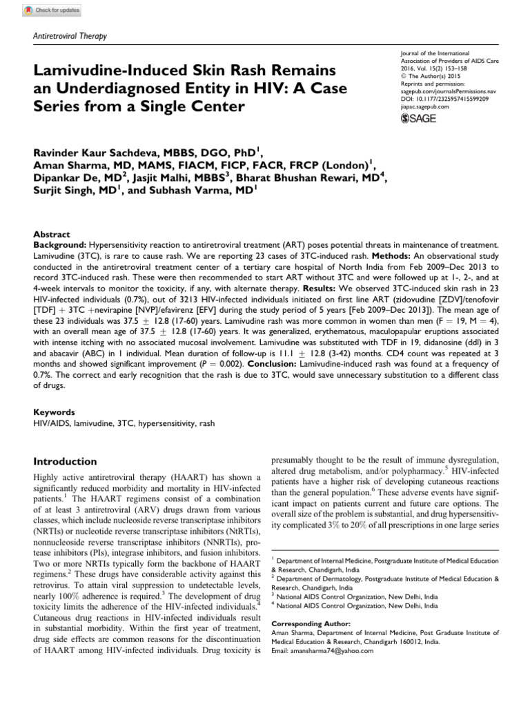 Sachdeva Et Al 2015 Lamivudine Induced Skin Rash Remains An ...