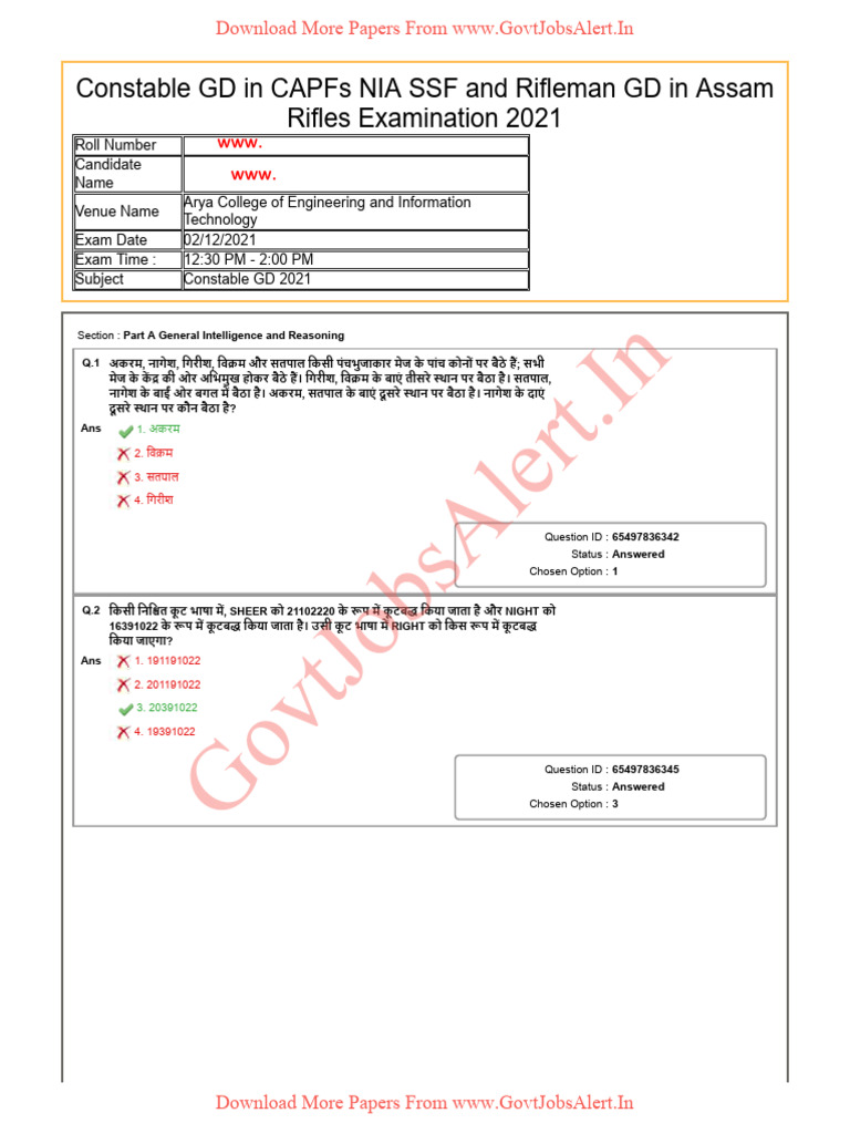 SSC GD Paper 2021 in Hindi Set 03 | PDF