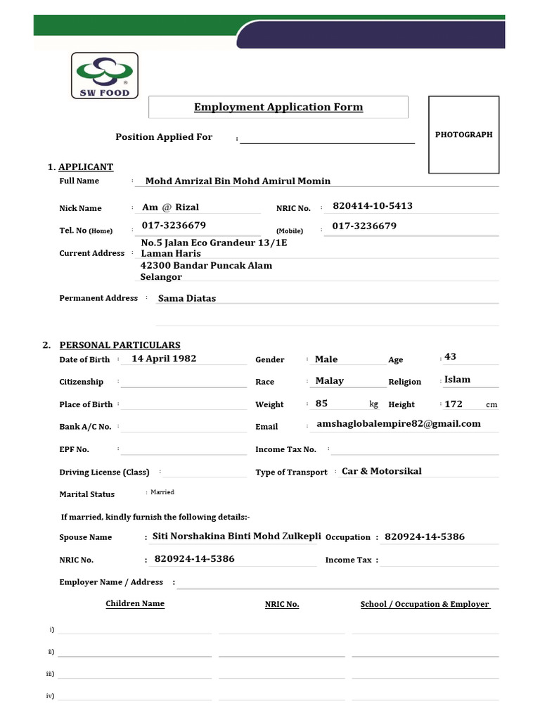 Job Application Form Template | PDF