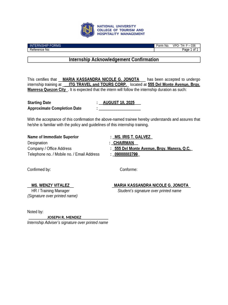 VPO-TH-F-036 Internship Acknowledgement Confirmation | PDF