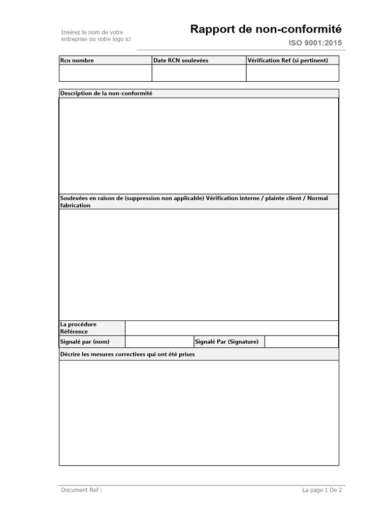Rapport de Non-Conformité ISO 9001 | PDF