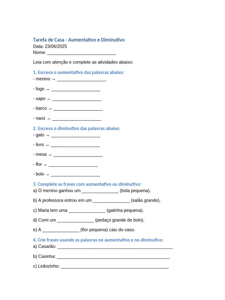 Tarefa Casa Aumentativo Diminutivo 2ano | PDF
