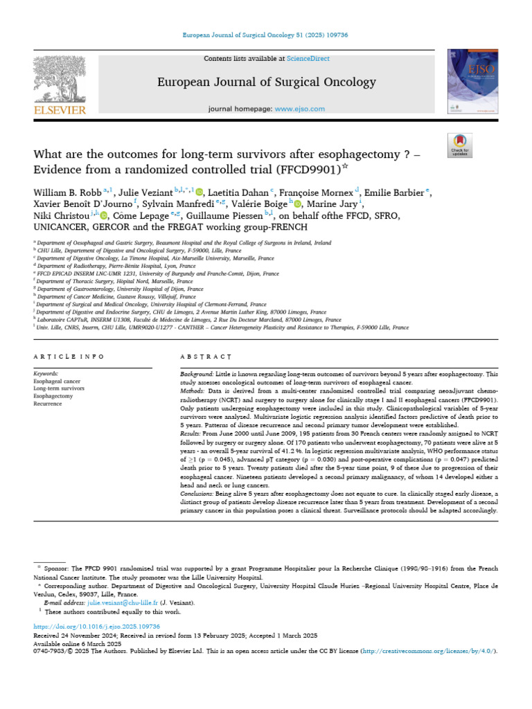 Long-Term Outcomes After Esophagectomy | PDF | Metastasis | Esophageal ...